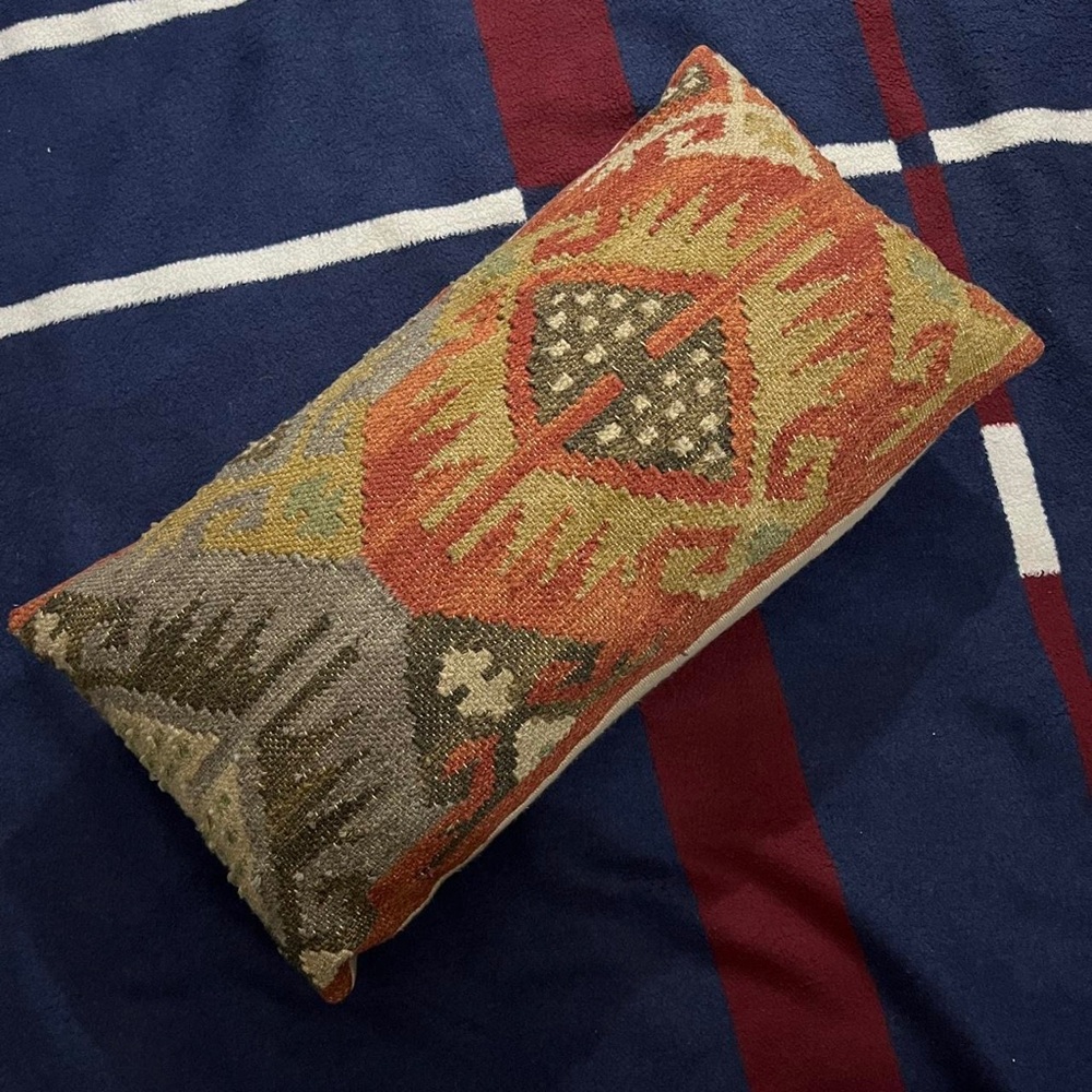 Decorative Kilim-Style Rectangular Throw Pillow in Rust and Tan